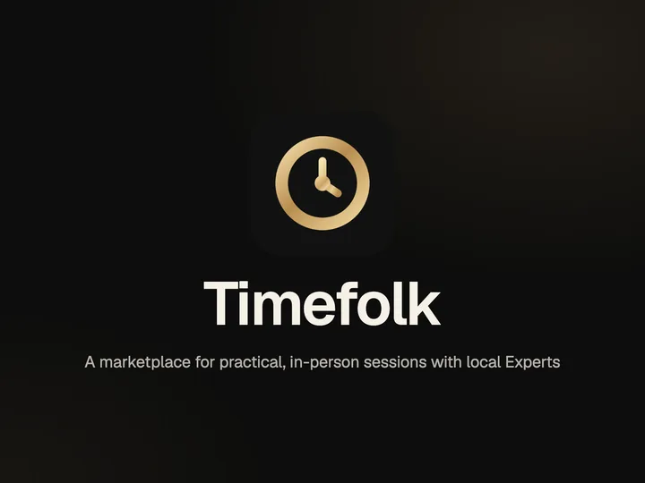 Timefolk app icon and wordmark with the line A marketplace for practical, in-person sessions with local Experts